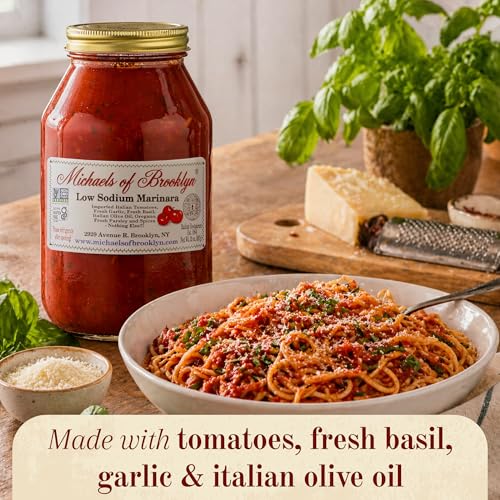 Image of Michael's of Brooklyn Low Sodium Marinara Sauce, 32oz Jar (Pack of 2) - Non-GMO, Gluten Free Italian Pasta Sauce - With Italian Tomatoes, Garlic, Basil and Olive Oil - For Spaghetti, Lasagna & Pizza