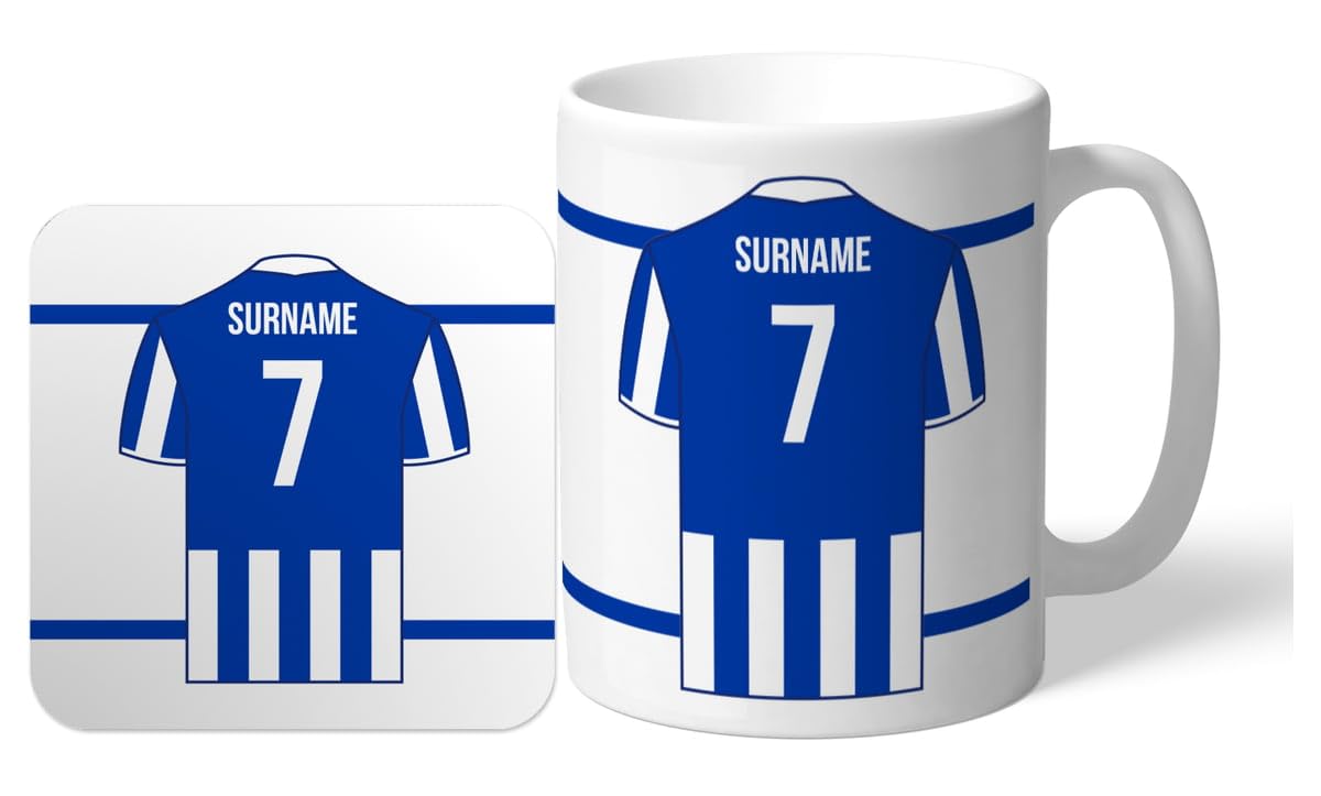 Personalised 'Back of Shirt' 11oz Mug & Coaster Set for Brighton Supporters, with Club Colours, Ideal for Brighton Fans