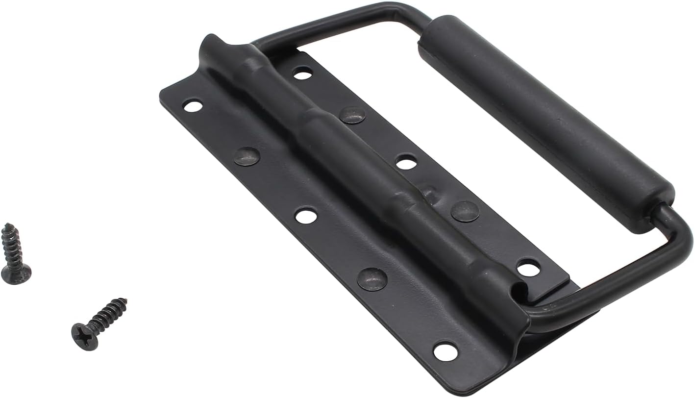 Piutouyar 4.9 Inch Spring Loaded Handle, Heavy Duty Handle Surface Mount, Folding Handle with Rubber Grip for Toolbox, Boxes,Black(2Pcs)