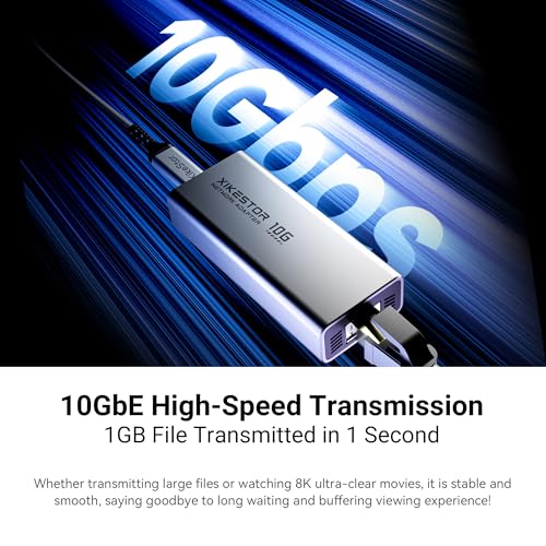 XikeStor USB 3.2 10GbE Ethernet Adapter, Bis zu 10Gb/s, Unterstützt 10Gb/s, 5Gb/s, 2.5Gb/s, 1Gb/s und 100Mb/s Base-T, Kompatibel mit Thunderbolt 3/4 Geräten, mit 10Gbps C zu C Kabel