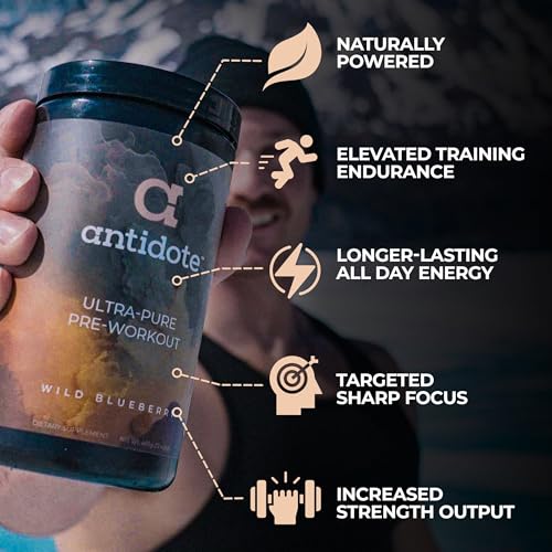 Image of Antidote Clean Pre-Workout Powder - Natural Energy & Focus Booster with Beetroot, Creatine & Beta-Alanine - No Artificial Additives - Vegan, Keto-Friendly Supplement - Wild Blueberry - 20 Servings