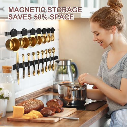 16-Piece Stainless Steel Measuring Cups and Spoons Set, Strong Magnetic Nesting Design 7 Cups 8 Spoons with Leveler, Double Measurement Markings for Dry & Liquid Ingredients, Gold - Thumbnail 4