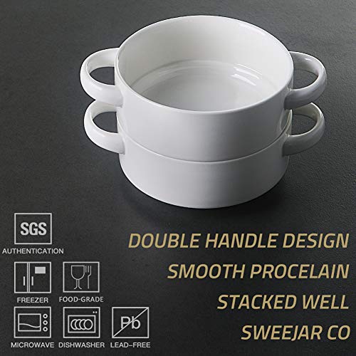 Image of Sweejar Ceramic Soup Bowls with Double Handles, 20 Oz Stacked Bowls for French Onion Soup, Cereal, Pot Pies, Stew, Chill, Pasta, Set of 4 (White)