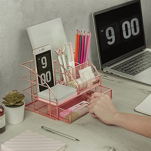 AUPSEN Desk Organizers and Accessories - Upgraded Desktop Organizer for Woman, Features 6 Compartments + 1 Large Sliding Drawer (Rose Gold) - Thumbnail 3