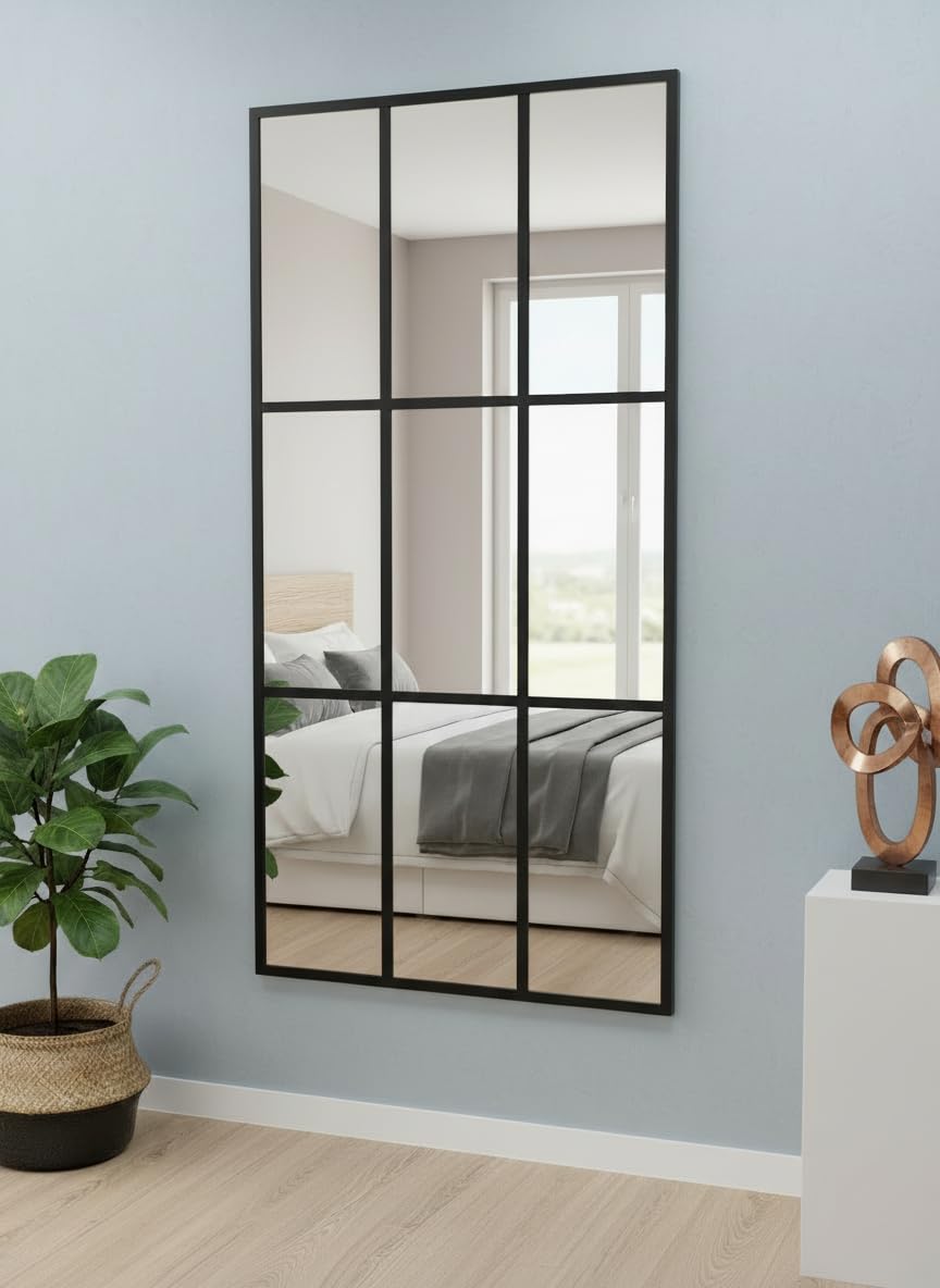 THEROSE Espejo Industrial Ventana, Marco Aluminio, Espejo Ventana, 160 x 80 cm, Pared, probador (Negro)