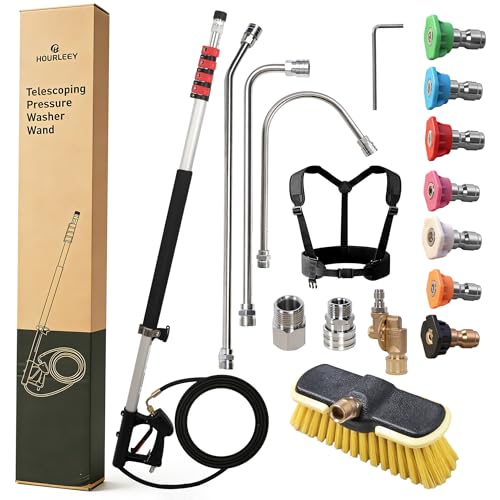 Hourleey 24 FT Telescoping Pressure Washer Wand Power Washer Extension Wand with Brush Head Gutter Cleaner 3 Curve Wands Adjustable Support Belt Pivoting Coupler 7 Spray Nozzles 4000 PSI