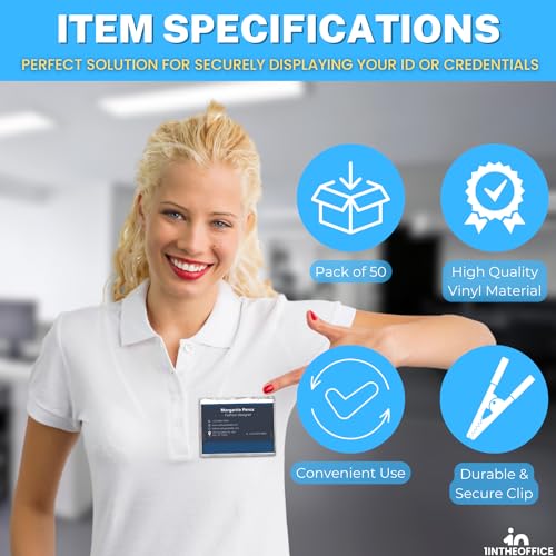 1InTheOffice Name Tag Holders with Clip,3x4, Clear ID Holder, Name Badge Holder with Clip, Horizontal (50 Pack)