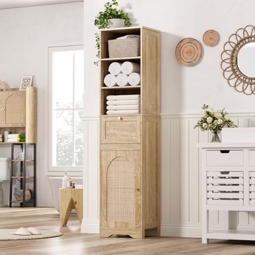 Amazon.com: 67''H Bathroom Storage Cabinet with Rattan Doors and Slide ...