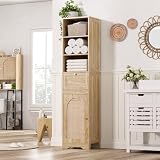 Tall Narrow Rattan Bathroom Storage Cabinet with Doors and Drawers, Natural