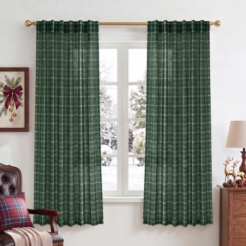NICETOWN Hunter Green Linen Plaid Gingham Curtains for Kitchen,