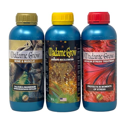 Madame Grow – Kit Atlántida – Fertilizantes Naturales – Estimula las raíces, Favorece el Metabolismo y Brinda Defensa Natural – Bone & Muscle, Growth Accelerator y Lacalva Stress – 3 x 1 L c/u