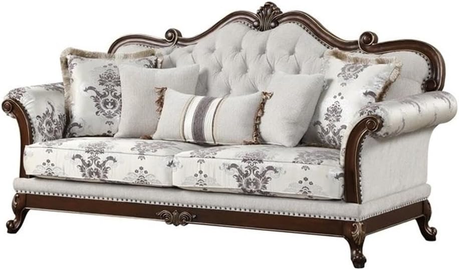 Pemberly Row Traditional Button Tufted Sofa, 83.8 in x 37.75 in x 44.5 in, Wood Frame, White Upholstery, Cherry Finish, Includes 5 Fabric Pillows, Floral Pattern Design for Living Room Elegance