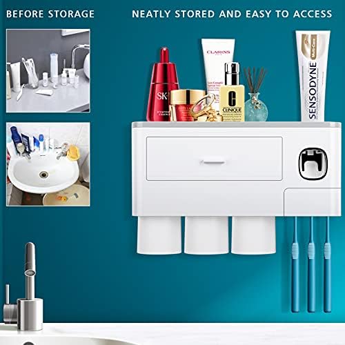 JIGUOOR Electric Toothbrush Holder Wall Mounted Automatic Toothpaste Dispenser Squeezer set Toothbrush Cover Bathroom Organizer, with 6 Toothbrush Slots & 3 Magnetic Cups for Bathroom
