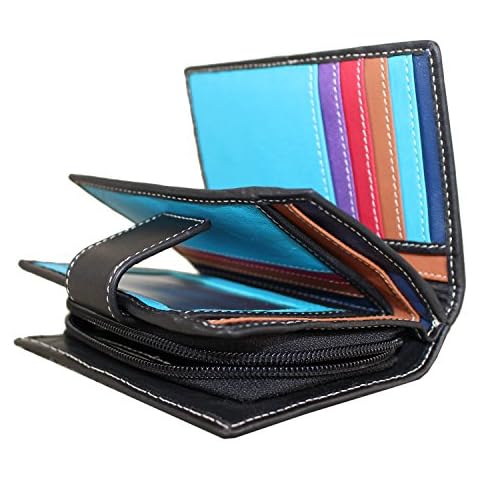 Rallegra Ladies Black Leather Purse, RFID Blocking, Holds 8 Cards, 3 Storage Pockets, Zip Coin Pocket, Multicoloured Interior Cover