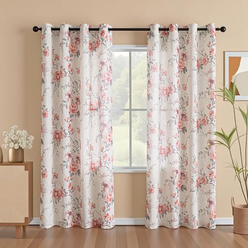 MEETSKY Pink Floral Curtains 72 Inch Length 2 Panels, Light Filtering Curtains for Bedroom, Flower Patterned Modern Grommet Drapes for Living Room, Each 52 Inch Wide