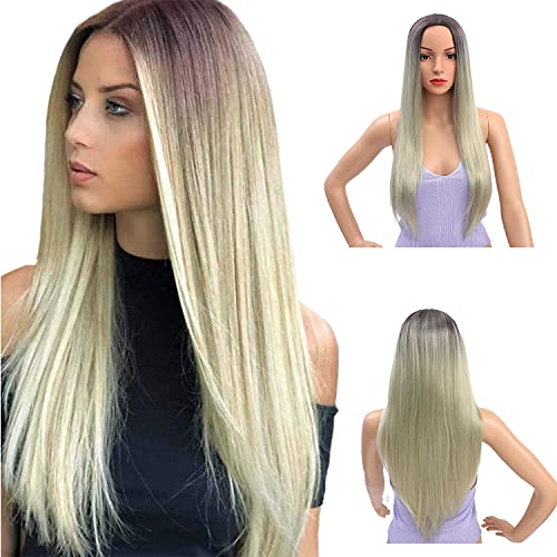 Lange Ombre Blonde Perücken, Aschblond Haar Perücke für Frauen Natürlicher Haaransatz Mittelteil Natürlich Gerade Perücke für Halloween und Tägliche Party Gebrauch Cover