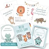 45 Baby Meilensteinkarten | 100% Nachhaltig | Geschenk zur Geburt für Junge und Mädchen | Made in Germany | Meilenstein Karten in einer Erinnerungsbox | Geschenkset zur Babyparty