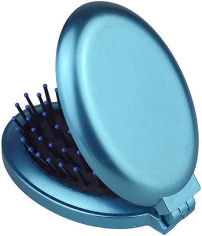 Brussels08 Portable Mini Folding Soft Hair Brush Comb with Mirror, Round Folding Travel Compact Mirror with Massage Brush Pocket Hair Brush Hair Comb Gift For Women Girls Silver Blue