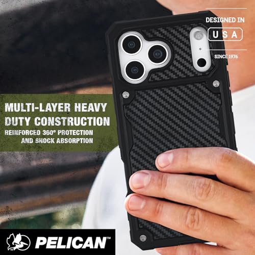 Image of Pelican Shield iPhone 17 Pro Max Case - Compatible with MagSafe - Carbon | Rugged Phone Case w /21ft Military-Grade Drop Protection - Heavy Duty Phone Cover w /Belt Clip Holster for iPhone 17 Pro Max