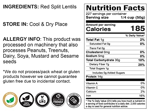 Image of Rani Masoor Dal (Indian Red Lentils) Split Gram 400oz (25lbs) 11.36kg Bulk Box ~ All Natural | Gluten Friendly | NON-GMO | Kosher | Vegan | Indian Origin