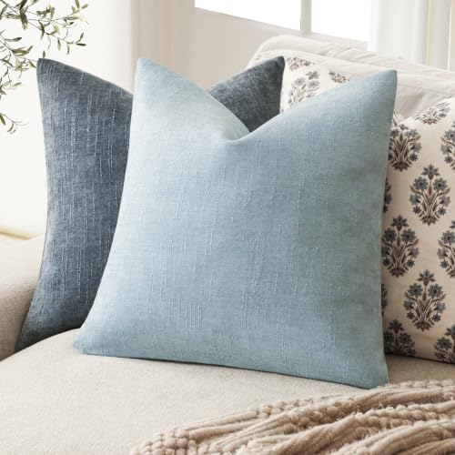 Image of Foindtower Pack of 2 Textured Chenille Throw Decorative Pillow Covers Square Accent Solid Cushion Cover Neutral Farmhouse Modern Pillow Case for Couch Sofa Bedroom Living Room 26x26 Inch,Light Blue