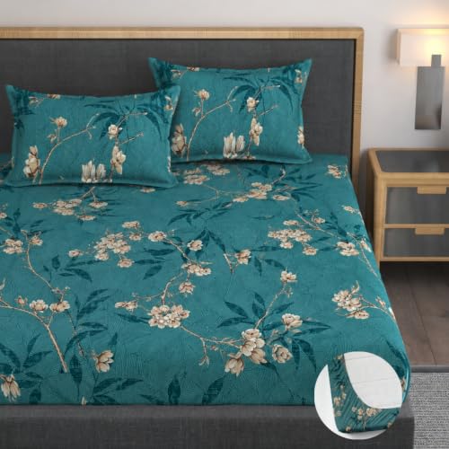 Image of Vaini Premium Heavy Cotton Elastic Fitted Bedsheets with 2 King Size Pillow Covers || Double Bed with All Around Elastic 350 TC || 60 x 78 x 8 Inch Queen Size Fitted || :- Green Flower