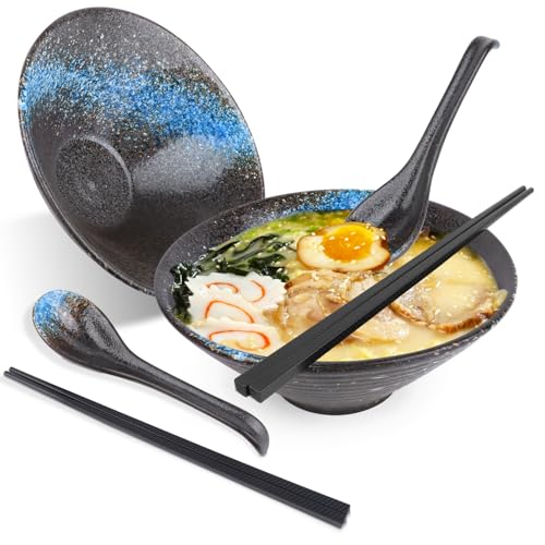 Ramen Schüssel Set, 2×600 ml Ramen Bowl Keramik mit Löffel und Essstäbchen, Japanische Schüssel Geschirr für Ramen, Salat, Müsli, Ramenbowl Suppenschüssel, Ramen Schale