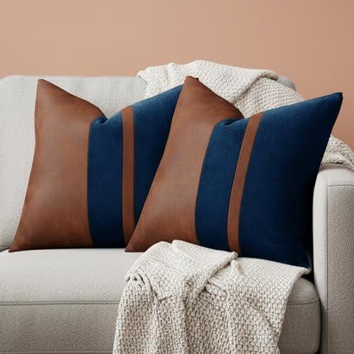 Vfuty Set of 2 Vintage Brown Leather & Dark Blue Velvet Throw Pillow Covers – 18x18 Soft Luxurious Modern Retro Pillow Cases for Sofa Bed Car Office, Versatile Home Decor