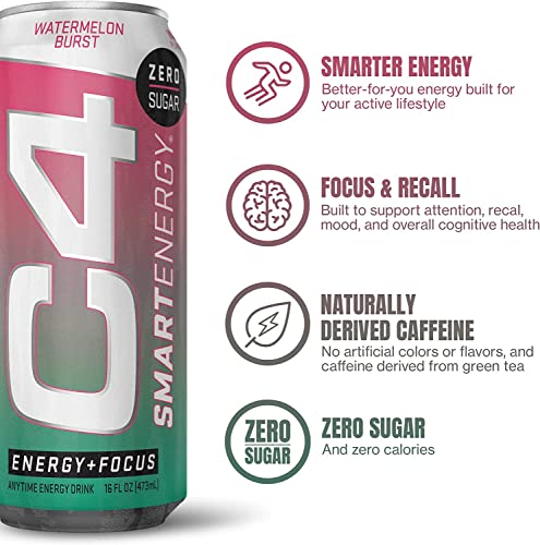 C4 Smart Energy Drink - Sugar Free Performance Fuel & Nootropic Brain Booster, Coffee Substitute Or Alternative | Watermelon Burst 16 Oz - 12 Pack #TOP1