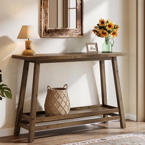 Tribesigns Tavolo Console 105 cm, Tavolo d'Ingresso Stretta in Legno Massello a 2 Livelli, Stile Country per Dietro il Divano, Soggiorno, Corridoio, Atrio, Rustico Marrone