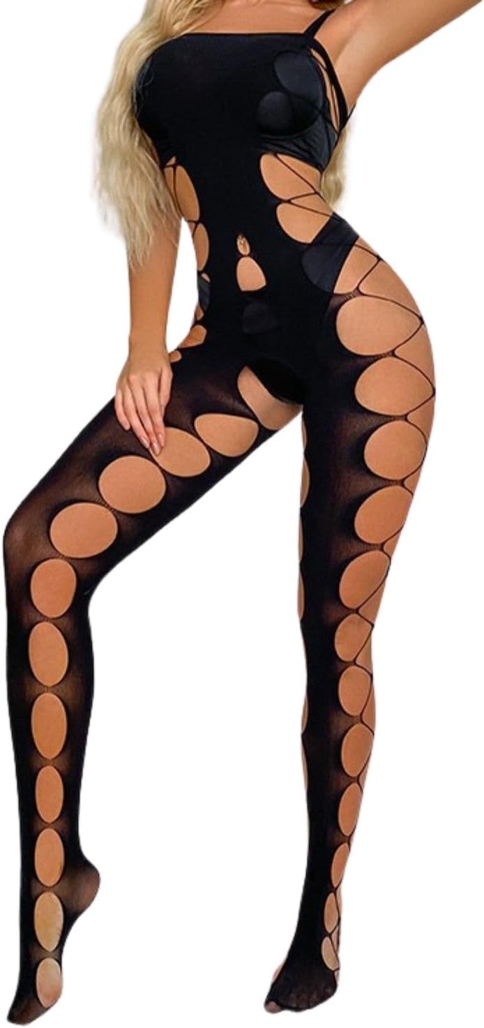 Women’s Sexy Mesh BodyStocking Lingerie Fishnet Cut-Out Halter Bodysuit Lace One-Piece Jumpsuit Underwear Nightwear