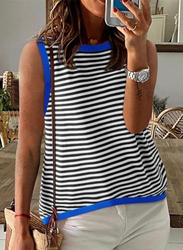 Image of Dokotoo Womens Summer Tops 2026 Casual Striped Color Block High Neck Tank Top Loose Knit High Low Sleeveless Shirts Blouses