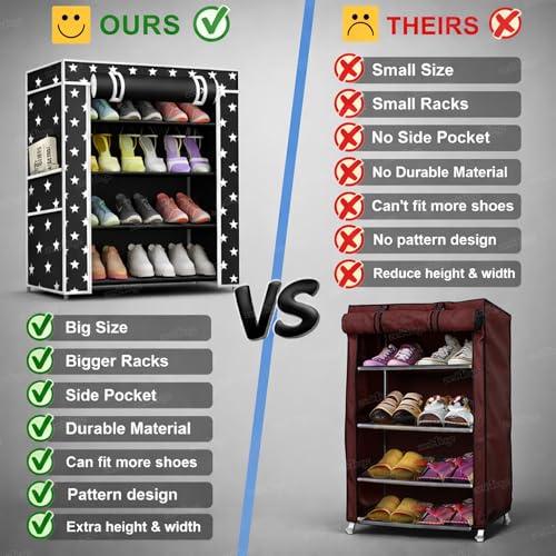 Image of Zest 4 Toyz Star Printed Shoe Rack with 4 Shelfs Zip Cover and Side Pocket Multipurpose Racks Shoe Organizer Cum Book Organizer Non Woven Fabric (Black)