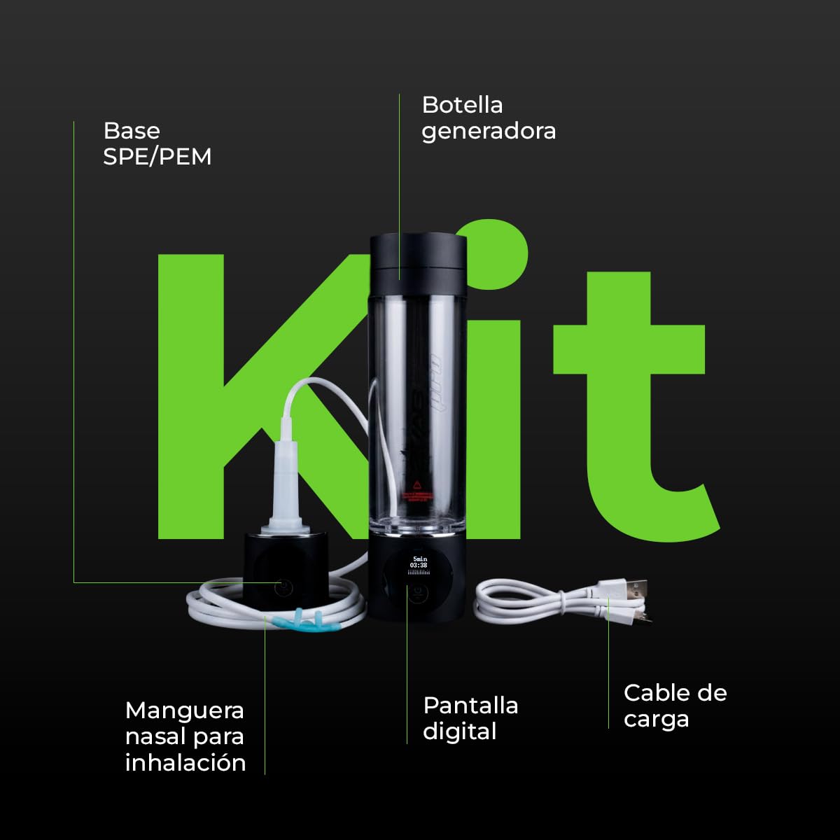 Botella de Agua Hidrogenada – 4000 PPB de Hidrógeno Molecular – Tecnología SPE/PEM de Alta Pureza – Pantalla OLED – 280 ml (Molecular Pro)