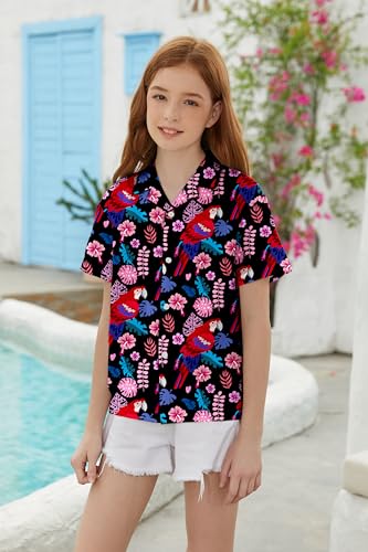 Image of SANGTREE Girls & Women's Hawaiian Shirts Button Down Short Sleeve Floral Tropical Shirt Beach Vacation Blouse Tops