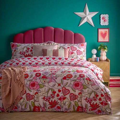 furn. Glass Hearts Duvet Cover Set – Stained Glass Romantic Cupid Reversible Polycotton (Pink – King)