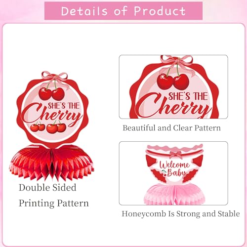 Image of Cherry Baby Shower Decorations for Girls, 9PCS She's the Little Cherry Theme Honeycomb Centerpieces Decor, Cherry Welcome Baby Party Table Decoration Supplies Kids