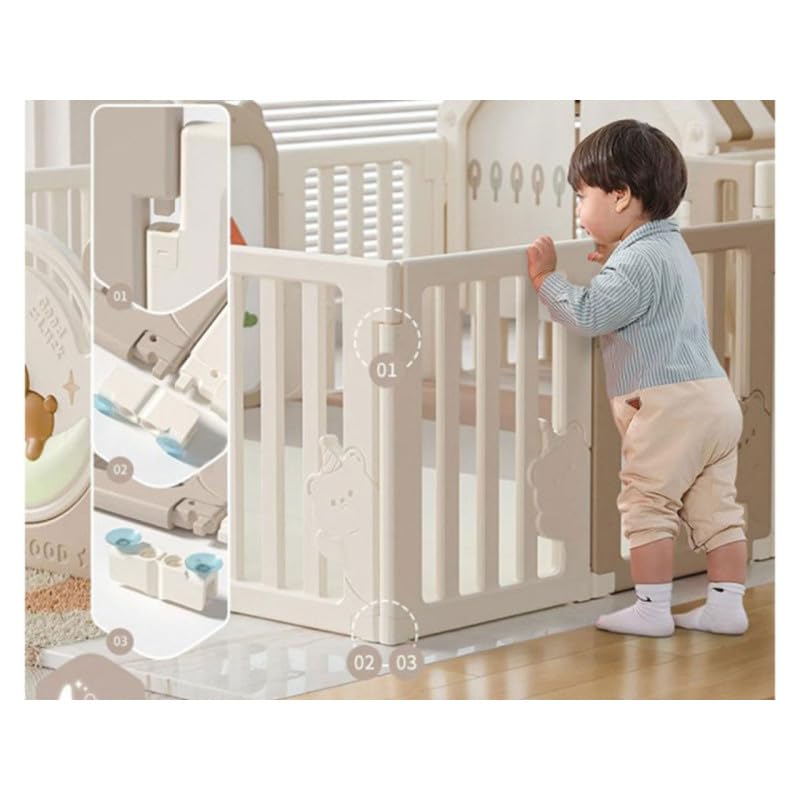 Laufgitter Baby Laufstall Kunststoff ZH30, 150x180cm Babylaufstall mit Spielhaus, Schaukel & Basketballkorb, Indoor & Outdoor Kinderspielplatz, Faltbares Aktivitätscenter, UV-Schutz, Beige