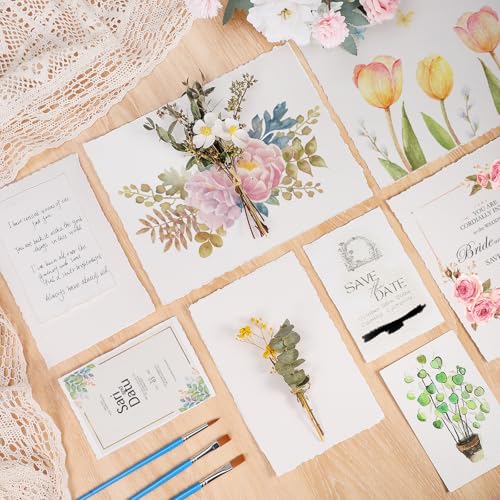 Image of 25 Sheets Watercolor Paper 8.5 x 11, 300 GSM Deckled Edge Paper Rough /Textured Handmade Paper Cotton Paper for Watercolors, Wedding Invitations, Cards, Crafts | Handmade cold-pressed textured paper, absorbent and durable for watercolor cards and invitations