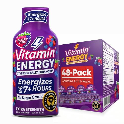 Image of Vitamin Energy Berry Vibe Extra Strength Energy Shot, 48 Pack - Up to 7 Hrs, 260mg Natural Caffeine, Zero Sugar - BCAAs + CoQ10, Focus Support, B12 B6 Niacin, 1.93 fl oz, Keto Vegan