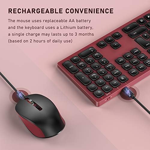 2.4G Hz Wireless Keyboard and Mouse Combo, Full Size Rechargeable Keyboard Mice Set Ultra Thin Quiet with USB -A Receiver UK Layout for Windows System, Computer, PC, Laptop, Black and Wine Red