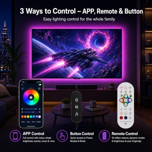 Image of MORIACC 18ft TV LED Backlight for 45-75 Inch TVs, RGB LED Lights for TV with Music Sync, Bluetooth APP & Remote Control, USB Powered Ambient Lighting for Gaming, Movies, Bedroom & Home Theater
