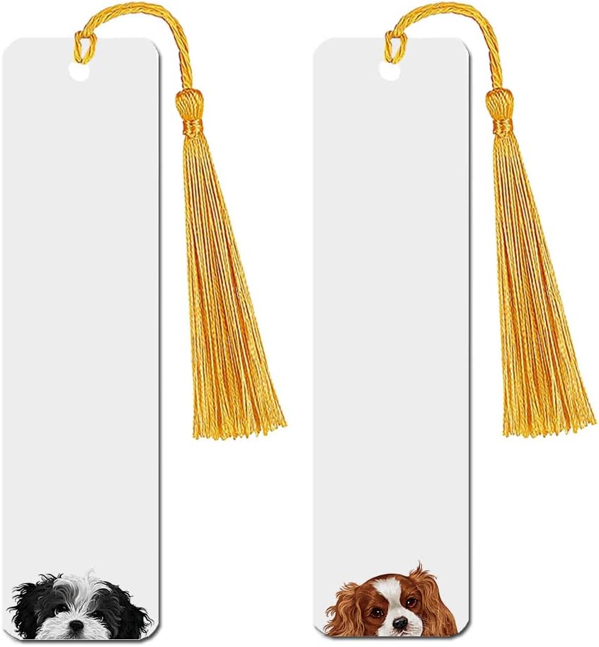 WIRESTER Set of 2 Metal Bookmarks with Light Gold Tassel for Students, Reader, Teachers, Book Lovers - Black White Shih Tzu Dog, Cavalier King Charles Spaniels Dog