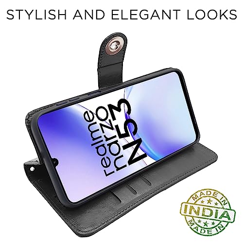 Image of Pikkme Realme Narzo N53 Flip Cover Leather Finish | Inside TPU with Card Pockets | Wallet Stand and Shock Proof | Complete Protection Button Flip Case (Black)