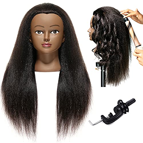 African American Mannequin Head 20"-22" Real Hair Manikin Head Hairdresser Cosmetology Doll Head for Styling Dye Cutting Braiding Practice with Clamp Natrual Black Real Hair