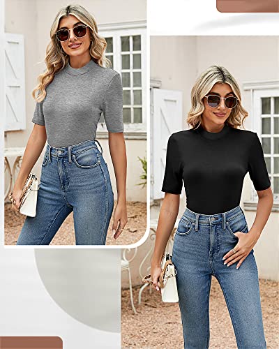 Ficerd 2 Pack Women's Tops Dressy Casual, Mock Neck Tops Half Short Sleeve Turtleneck Stretch Fitting Blouse For Women (Black/Light Grey, X-Large) #TOP4