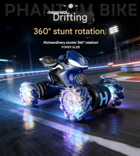 Image of Amitasha ATV Style RC Drift Bike with 360 Rotation, 2.4GHz Remote & Hand Sensor Control Motorbike, Twist Deformation, LED Wheels, Inbuilt Music & 1-Click Demo Rechargeable Motorcycle for Boy
