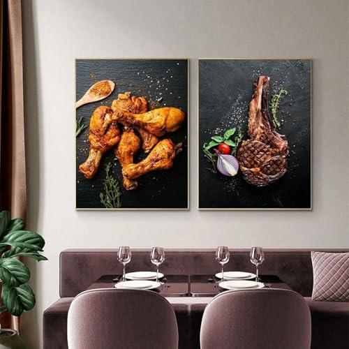 Décoration murale cuisine sans cadre lot de 2 toiles classiques nourriture 40x60