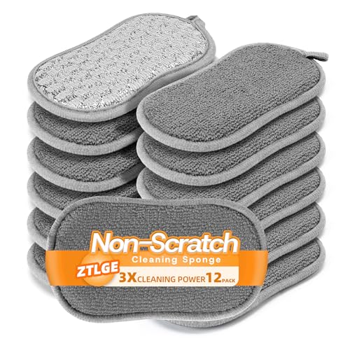 Multi-Purpose Scrub Kitchen Sponges 12 Pack Dish Sponge Dual-Sided Non-Scratch Microfiber & Metal Scrubber Reusable Sponges for Dishes Pots Glass Sink Stovetop & Bathroom (Gray)