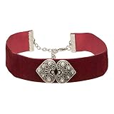 Alpenflüstern Trachten-Samt-Kropfband Ornament-Herzen - nostalgische Trachtenkette enganliegend, Kropfkette elastisch, eleganter Damen-Trachtenschmuck, Samtkropfband breit dunkel-rot DHK206